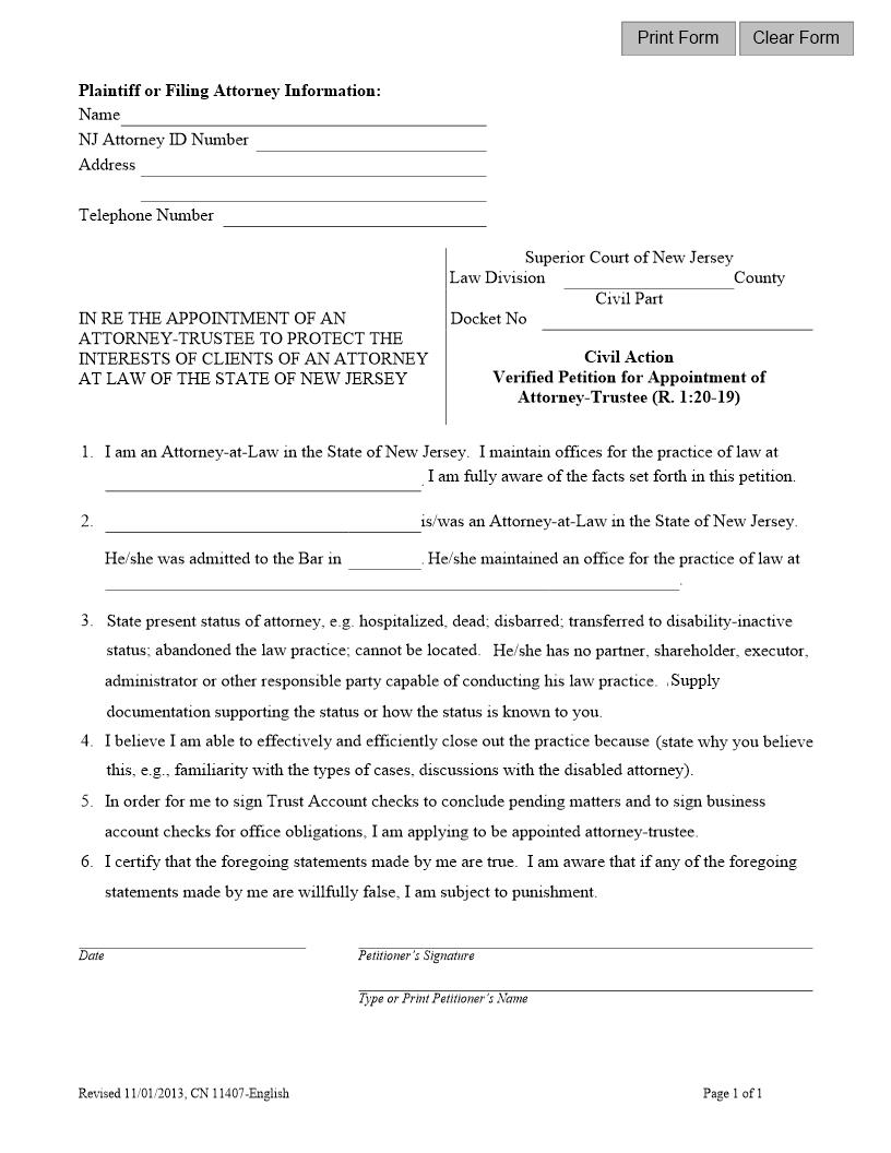 Verified Petition For Appointment Of Attorney Trustee {11407} | Pdf Fpdf Docx | New Jersey