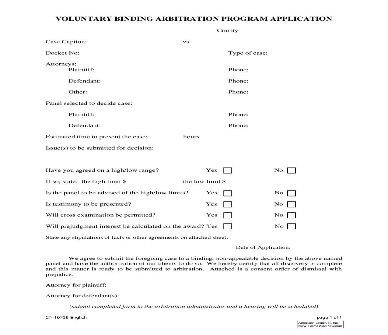 Voluntary Binding Arbitration Program Application {10738} | Pdf Fpdf Doc Docx | New Jersey