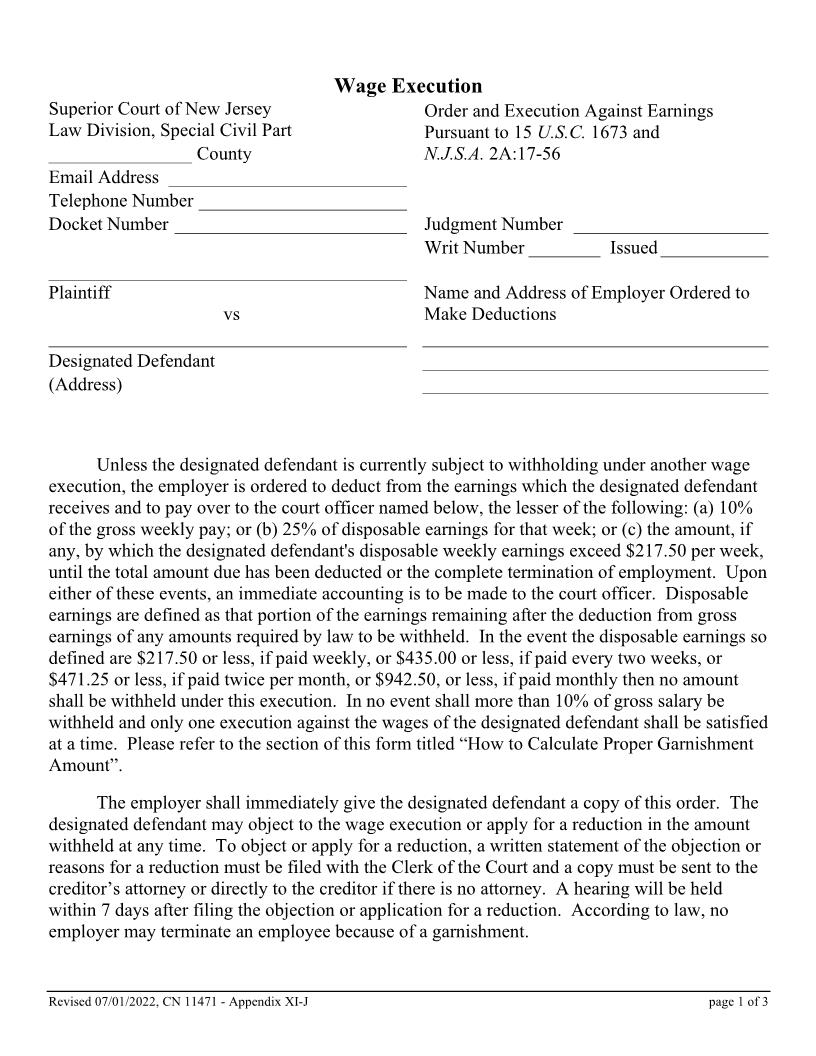 Wage Execution Order And Execution Against Earnings Appendix XI-J {11471} | Pdf Fpdf Docx | New Jersey
