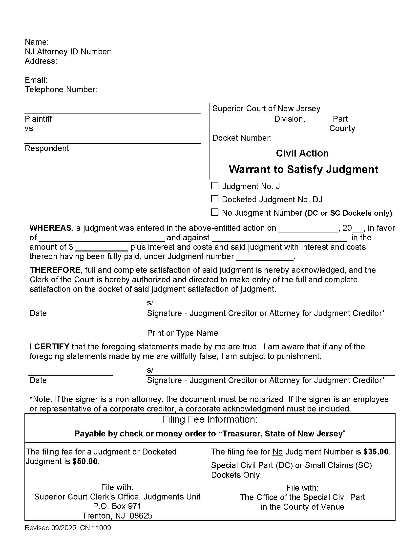 Warranty To Satisfy Judgment {11009} | Pdf Fpdf Doc Docx | New Jersey