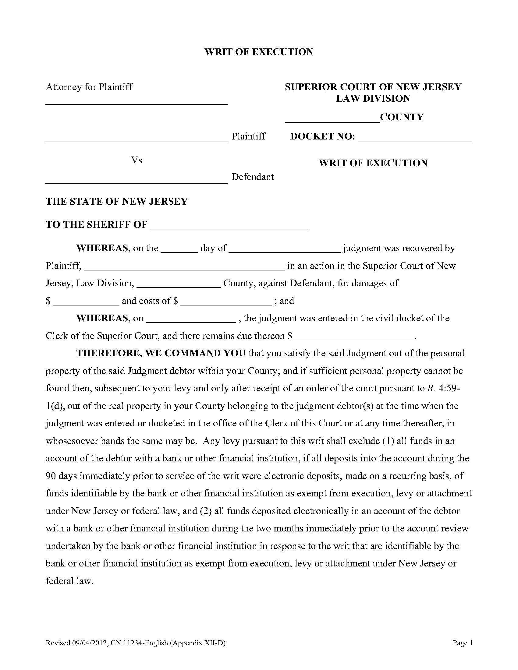 Writ Of Execution (Appendix XII-D) {11234} | Pdf Fpdf Doc Docx | New Jersey