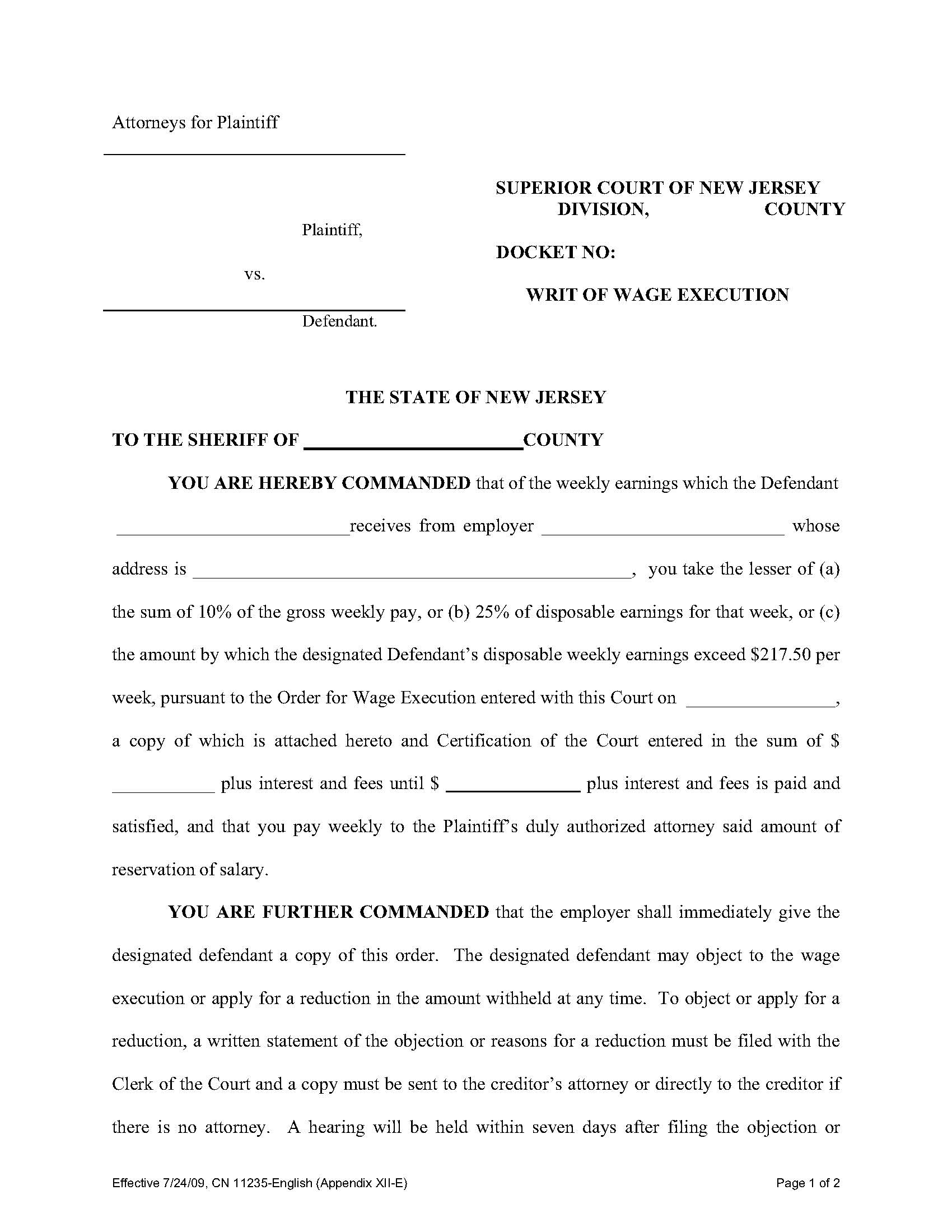 Writ Of Wage Execution (Appendix XII-E) {11235} | Pdf Fpdf Doc Docx | New Jersey
