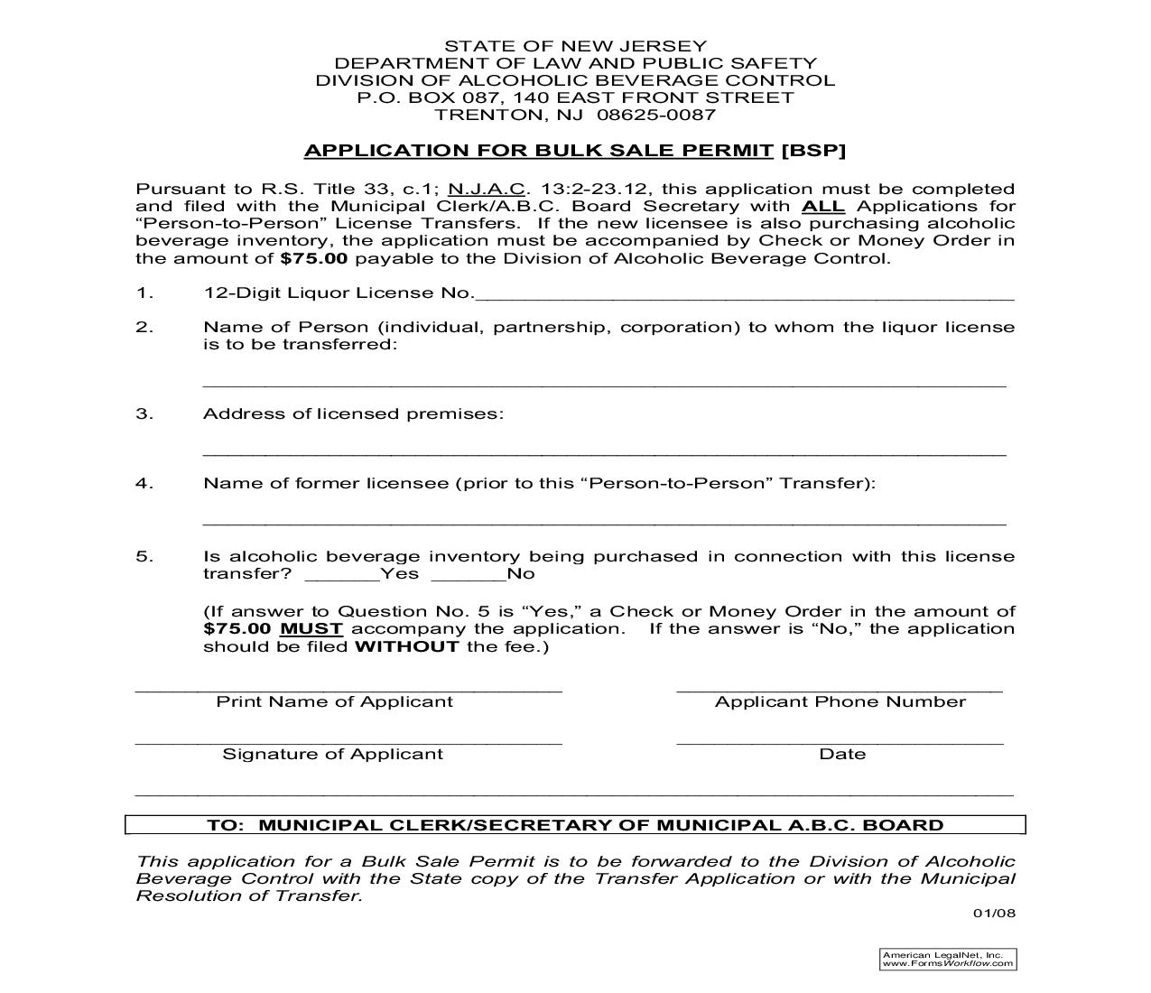 Application For Bulk Sale Permit | Pdf Fpdf Doc Docx | New Jersey