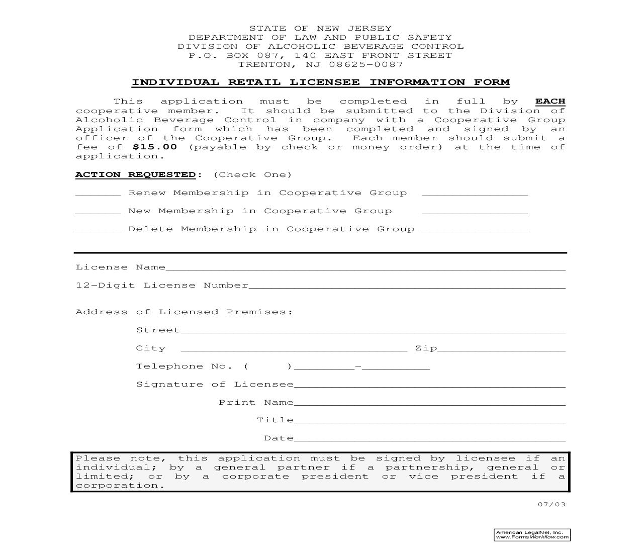 Individual Retail Licensee Information Form | Pdf Fpdf Doc Docx | New Jersey