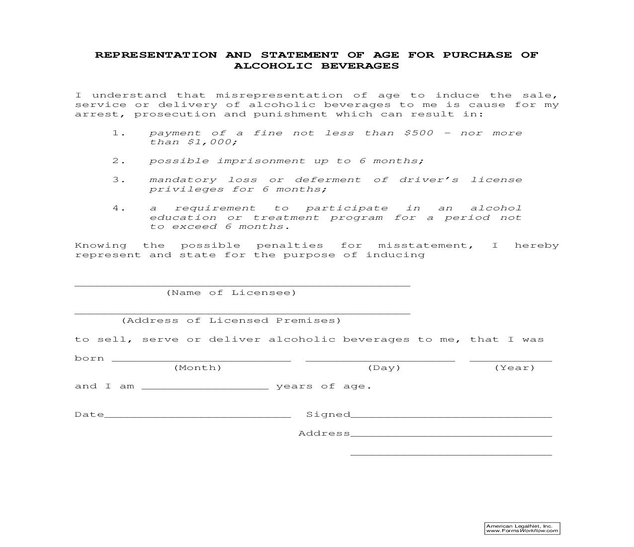 Representation And Statement Of Age For Purchase Of Alcohoic Beverages | Pdf Fpdf Doc Docx | New Jersey