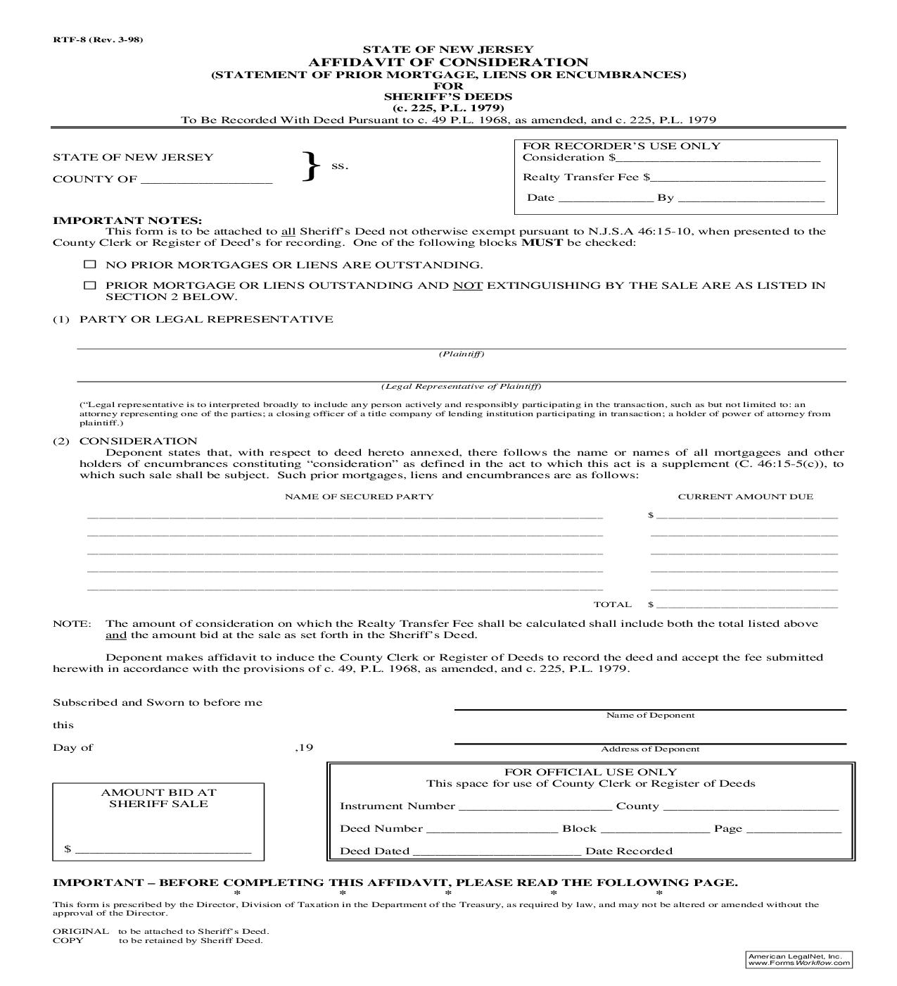Affidavit Of Consideration  (Statement Of Prior Mortgage, Liens Or Encumbrances) For Sheriffs Deeds {RTF-8} | Pdf Fpdf Doc Docx | New Jersey