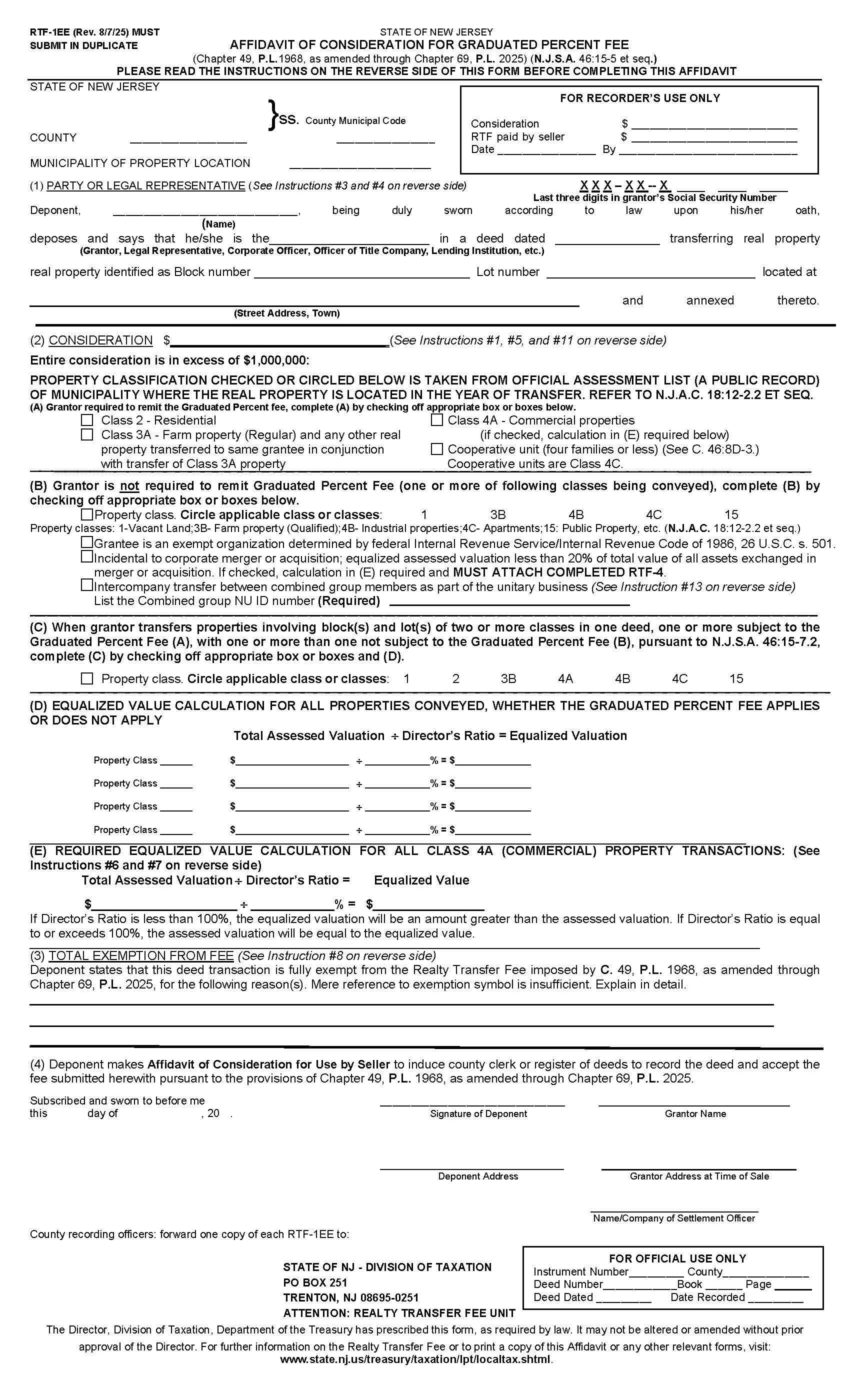 Affidavit Of Consideration For Graduated Percent Fee {RTF-1EE} | Pdf Fpdf Doc Docx | New Jersey