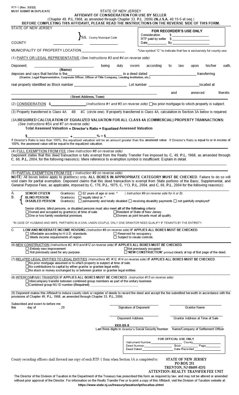 Affidavit Of Consideration For Use By Seller {RTF-1} | Pdf Fpdf Doc Docx | New Jersey