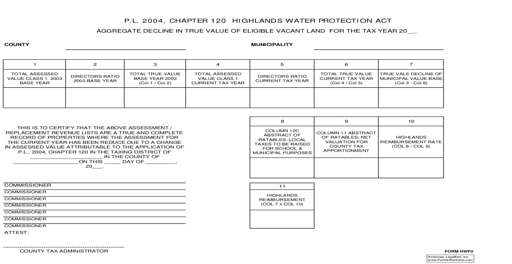 Aggregate Decline In True Value Of Eligible Vacant Land {HWP-2} | Pdf Fpdf Doc Docx | New Jersey