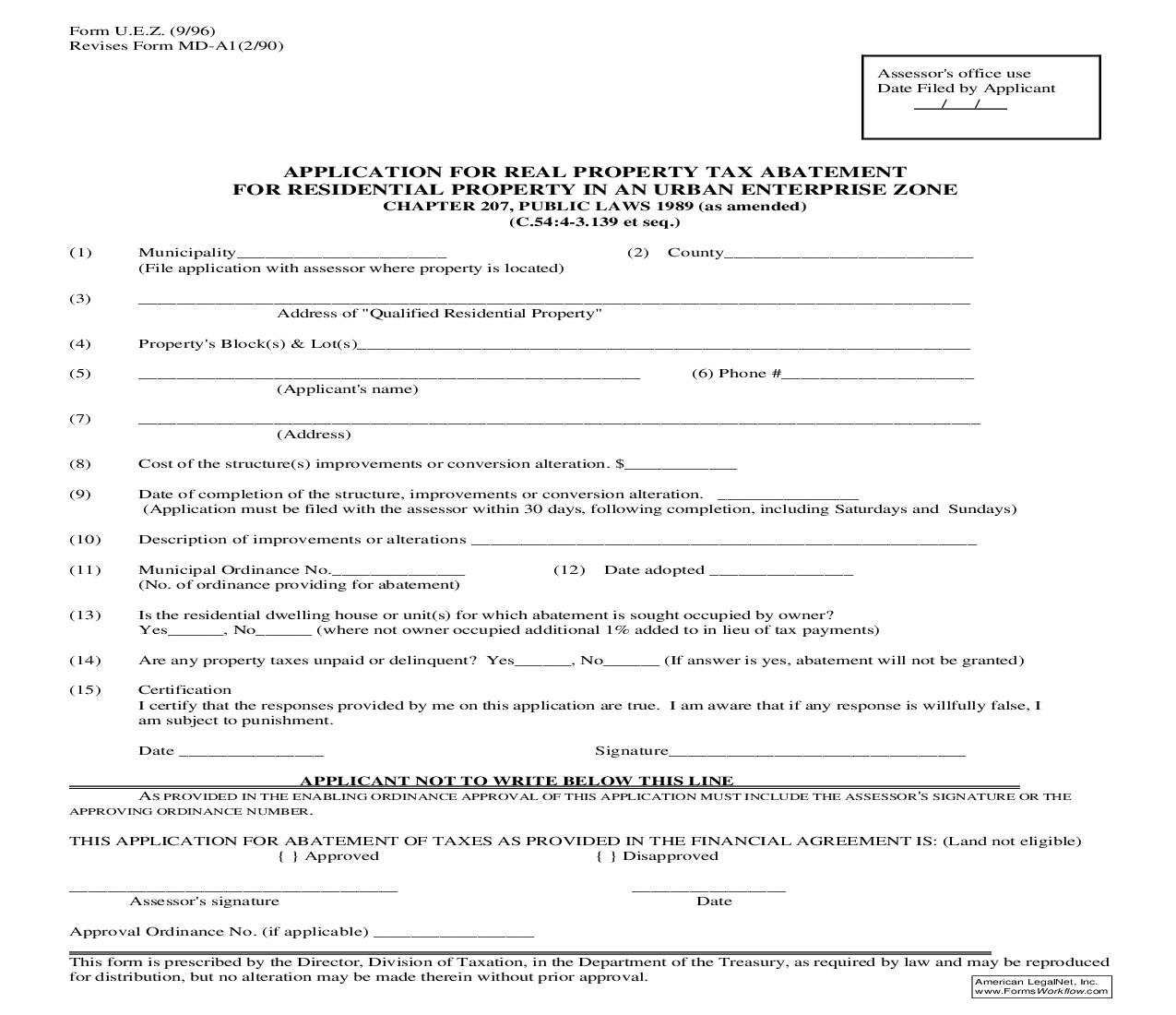 Application For Real Property Tax Abatement For Residential Property In An Urban Enterprise Zone {UEZ} | Pdf Fpdf Doc Docx | New Jersey