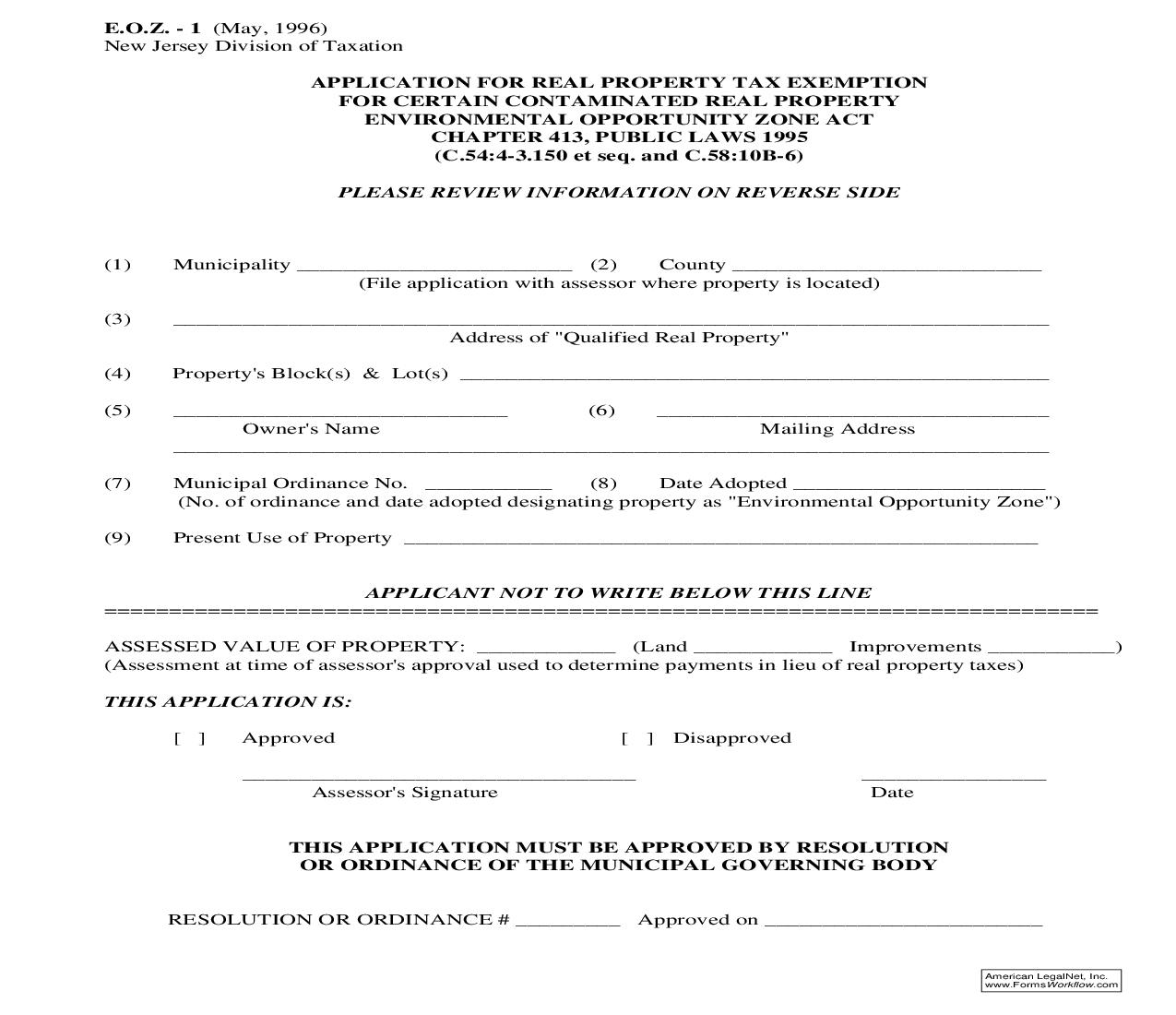 Application For Real Property Tax Exemption For Certain Contaminated Real Property {EOZ-1} | Pdf Fpdf Doc Docx | New Jersey