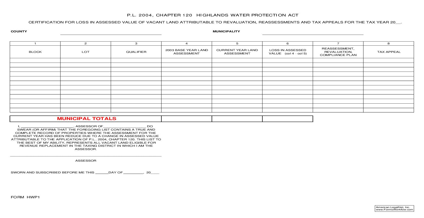 Certification For Loss In Assessed Value Of Vacant Land Attributable To Revaluation {HWP-1} | Pdf Fpdf Doc Docx | New Jersey