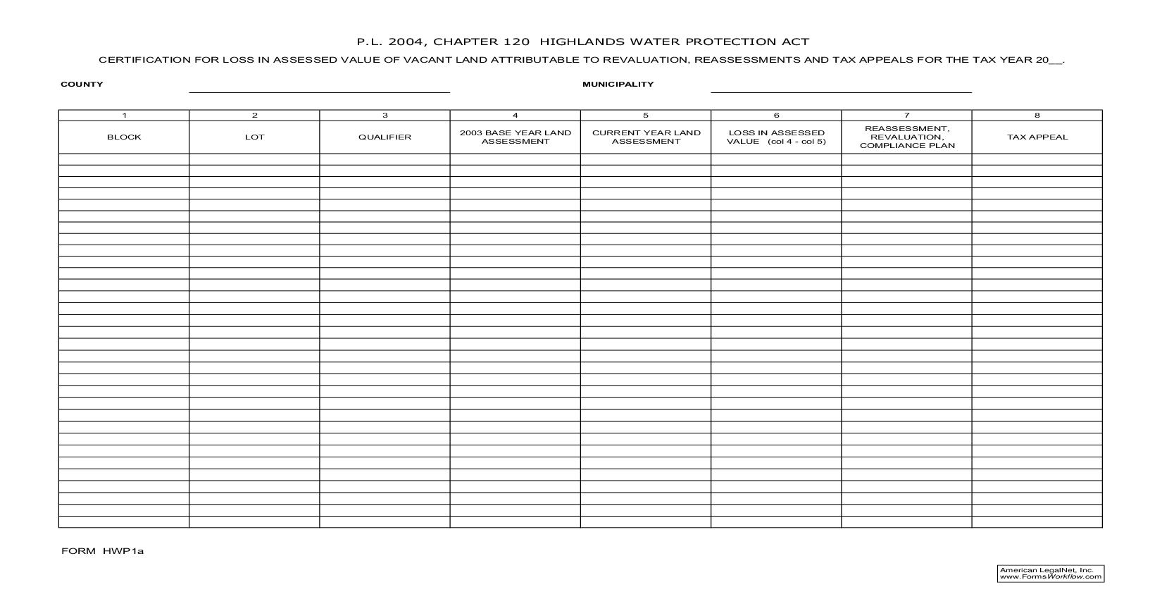 Certification For Loss In Assessed Value Of Vacant Land Attributable To Revaluation {HWP-1A} | Pdf Fpdf Doc Docx | New Jersey
