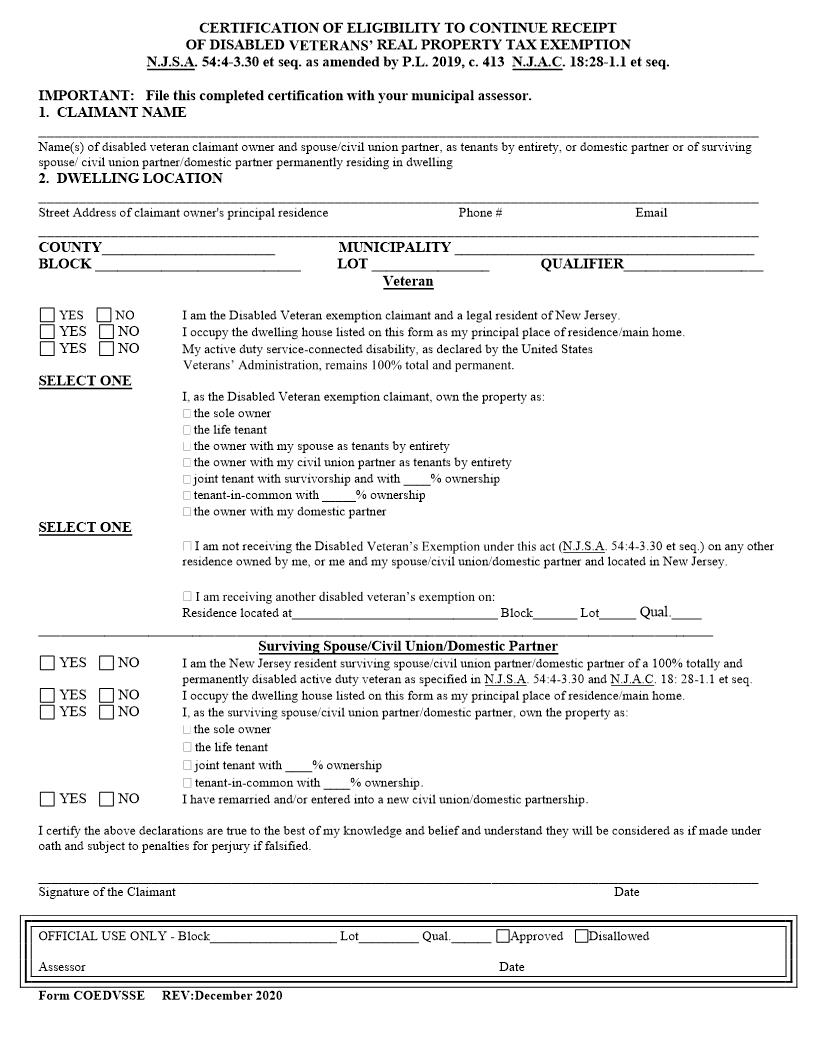 Certification Of Eligibility Disabled Veterans Real Property Tax Exemption {COEDVSSE} | Pdf Fpdf Docx | New Jersey