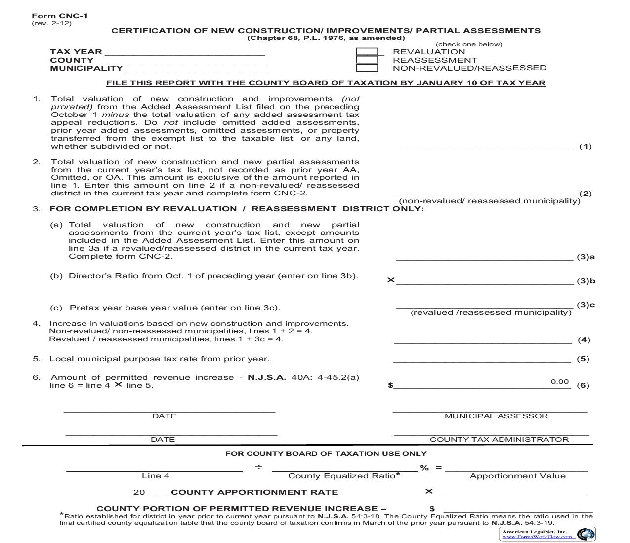 Certification Of New Construction Improvements Partial Assessments {CNC-1} | Pdf Fpdf Doc Docx | New Jersey