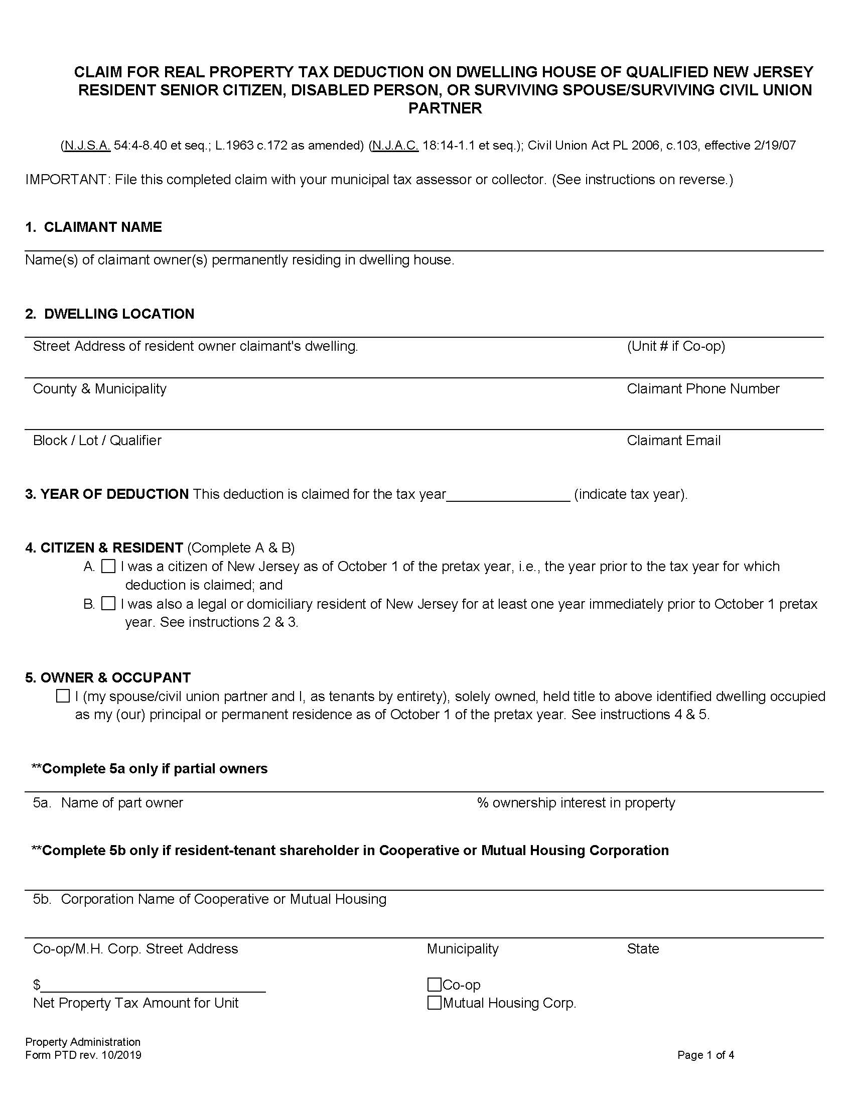 Claim For Real Property Tax Deduction Senior Or Disabled Person {PTD} | Pdf Fpdf Doc Docx | New Jersey