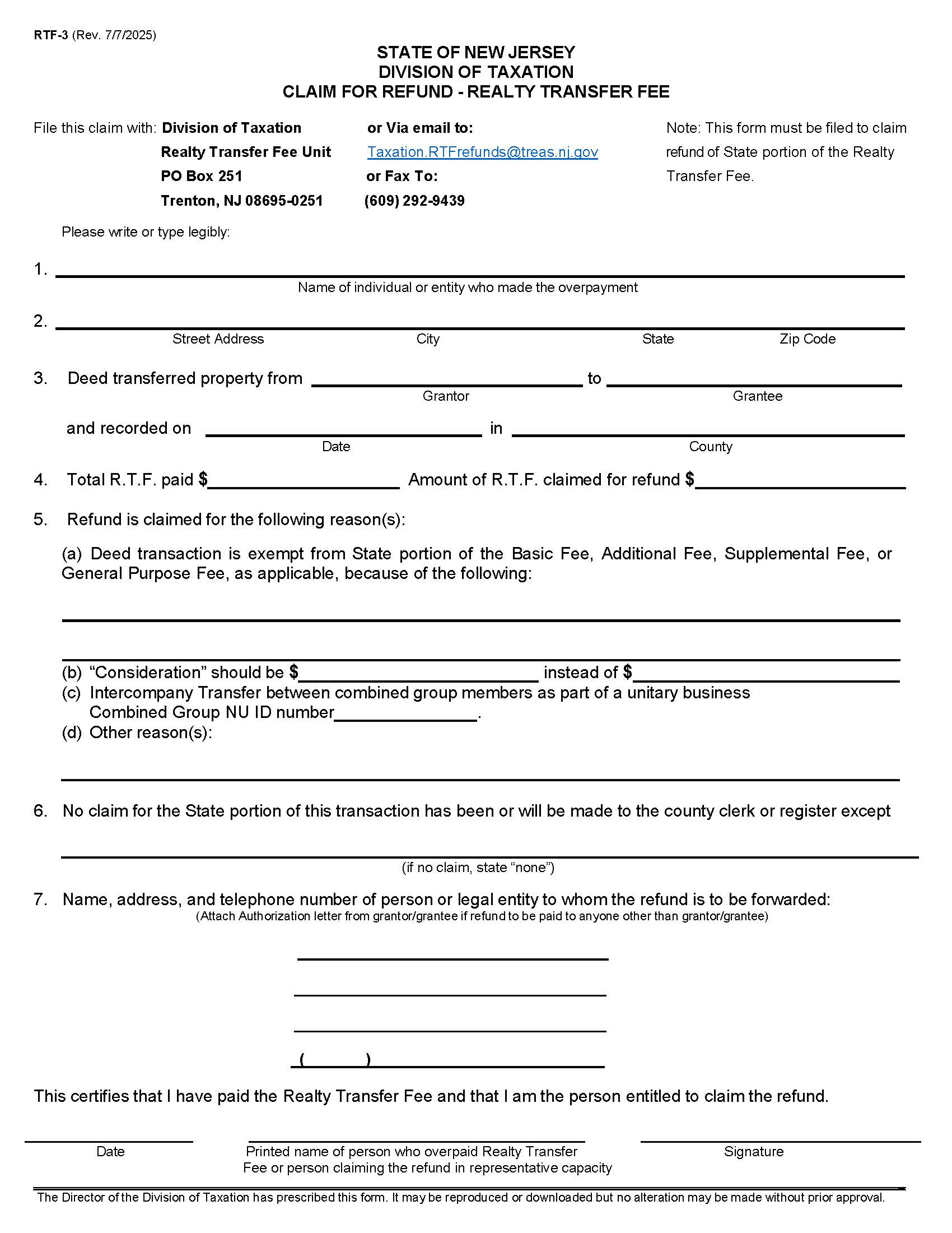 Claim For Refund - Realty Transfer Fee {RTF-3} | Pdf Fpdf Doc Docx | New Jersey