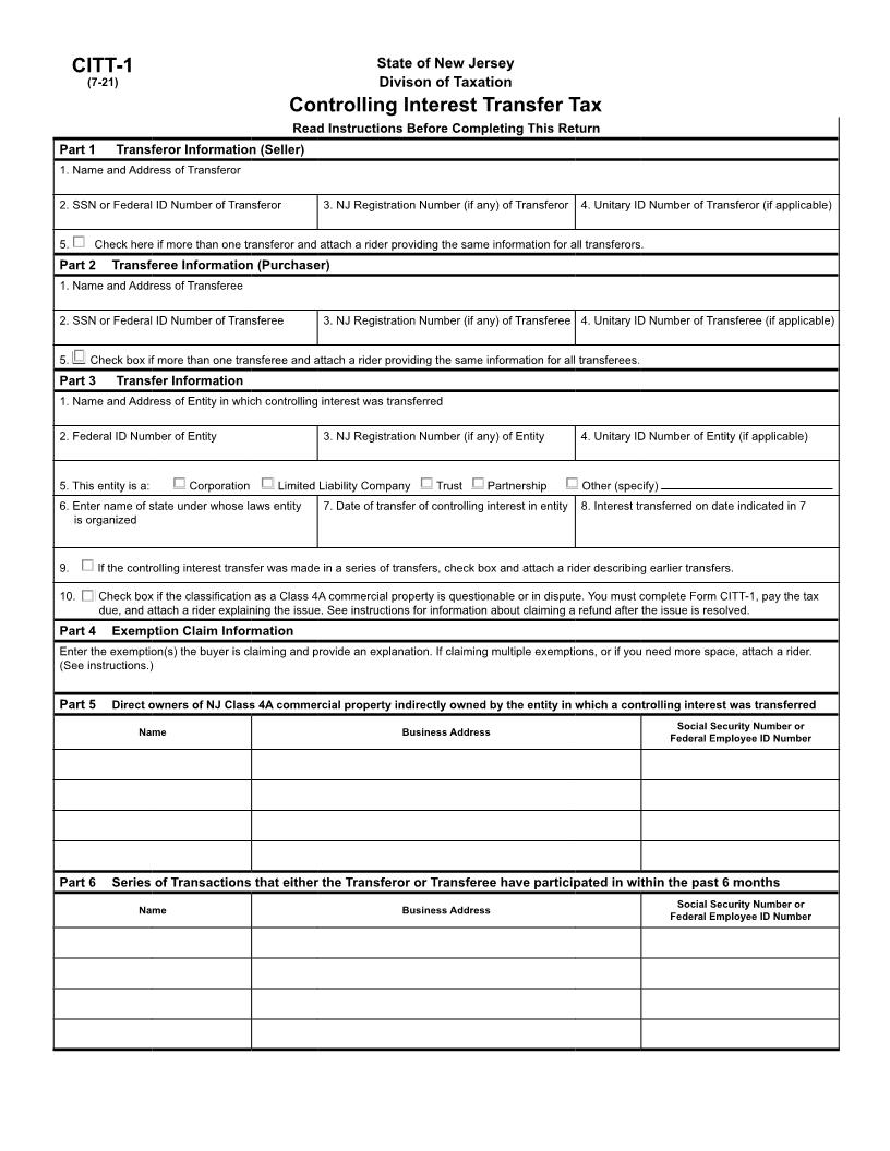 Controlling Interest Transfer Tax {CITT-1} | Pdf Fpdf Doc Docx | New Jersey