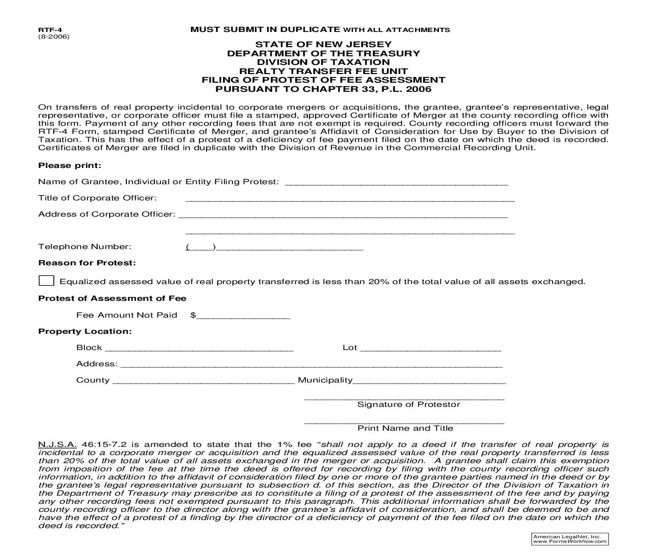 Filing Of Protest Of Fee Assessment {RTF-4} | Pdf Fpdf Doc Docx | New Jersey