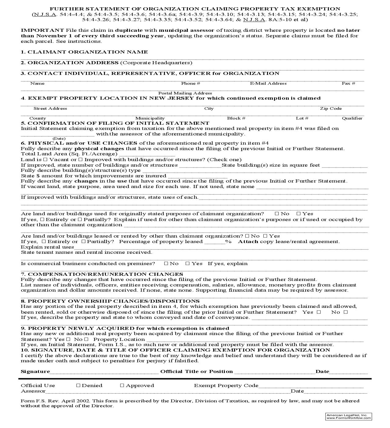 Further Statement Of Organization Claiming Property Tax Exemption {FS} | Pdf Fpdf Doc Docx | New Jersey