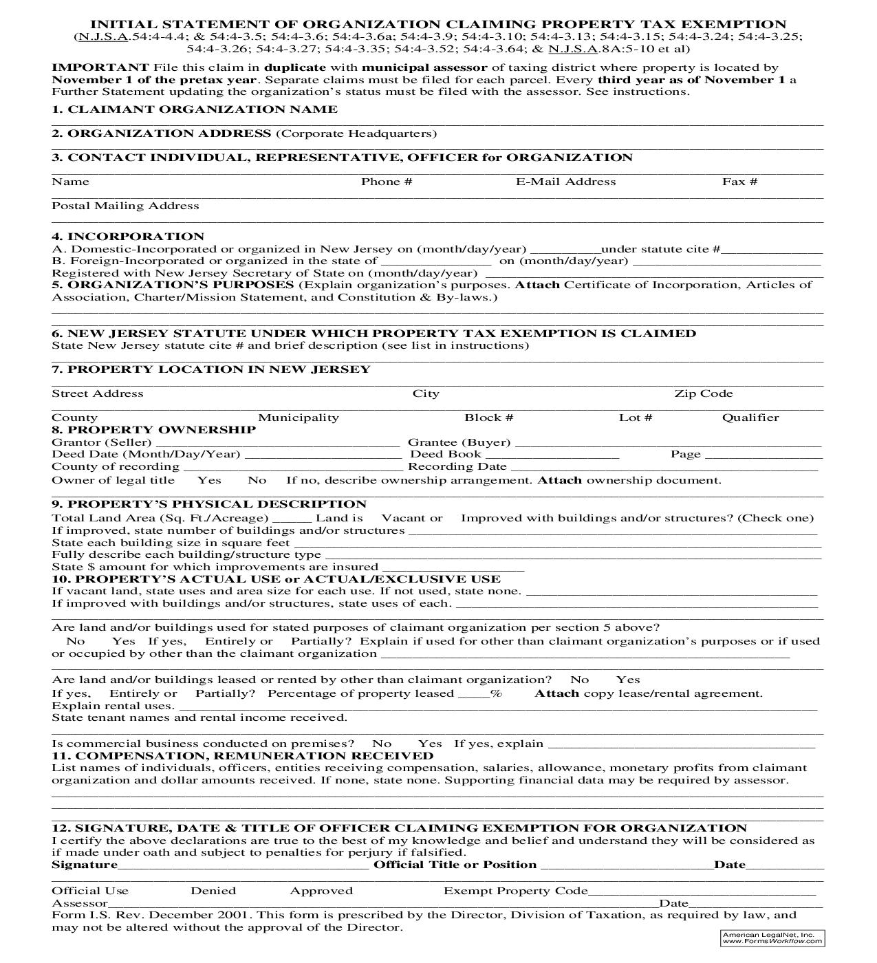 Initial Statement Of Organization Claiming Property Tax Exemption {IS} | Pdf Fpdf Doc Docx | New Jersey