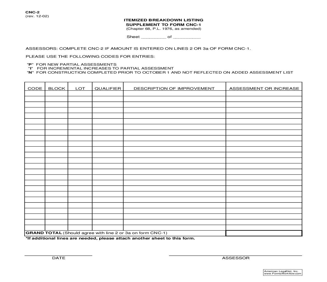 Itemized Breakdown Listing (Supplement To Form CNC-1} {CNC-2} | Pdf Fpdf Doc Docx | New Jersey