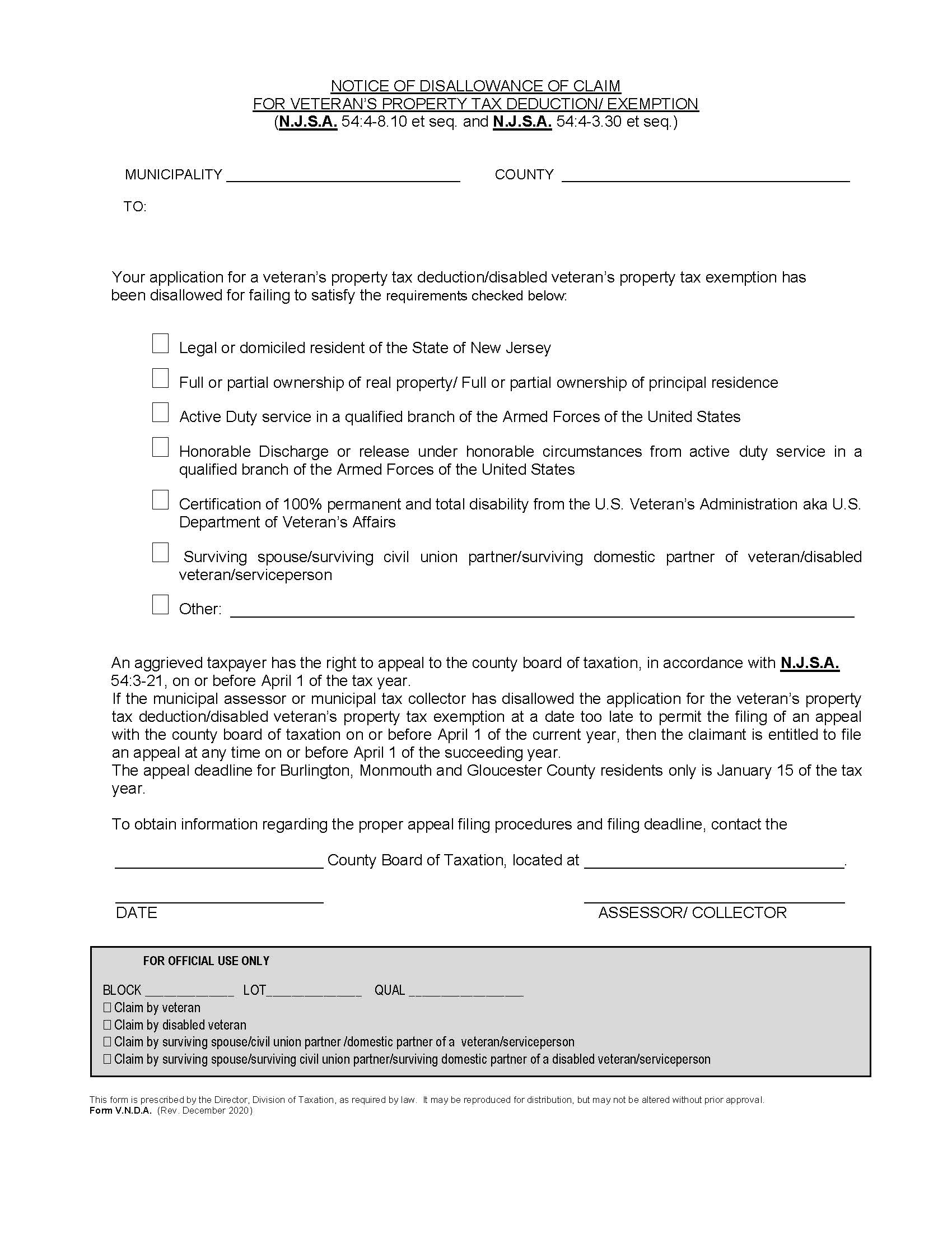 Notice Of Disallowance Of Claim For Veterans Property Tax Deduction Exemption {VNDA} | Pdf Fpdf Doc Docx | New Jersey