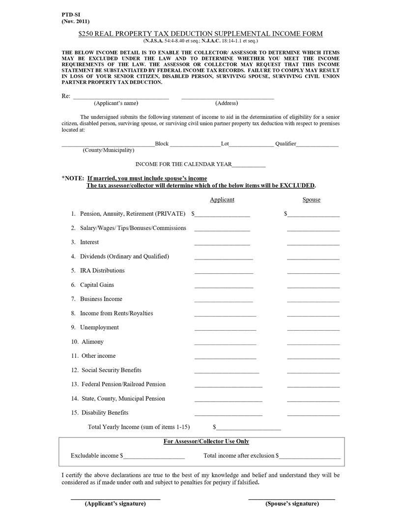 Real Property Tax Deduction Supplemental Income Form {PTD-SI} | Pdf Fpdf Docx | New Jersey