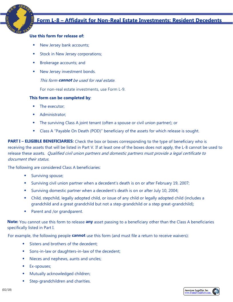Affidavit For Non-Real Estate Investments - Resident Decedents {L-8} | Pdf Fpdf Docx | New Jersey