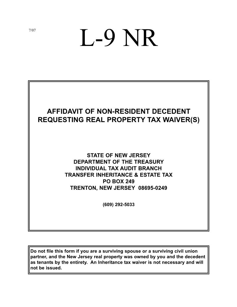 Affidavit Of Non-Resident Decedent Requesting Real Property Tax Waiver(s) {L-9 NR} | Pdf Fpdf Docx | New Jersey