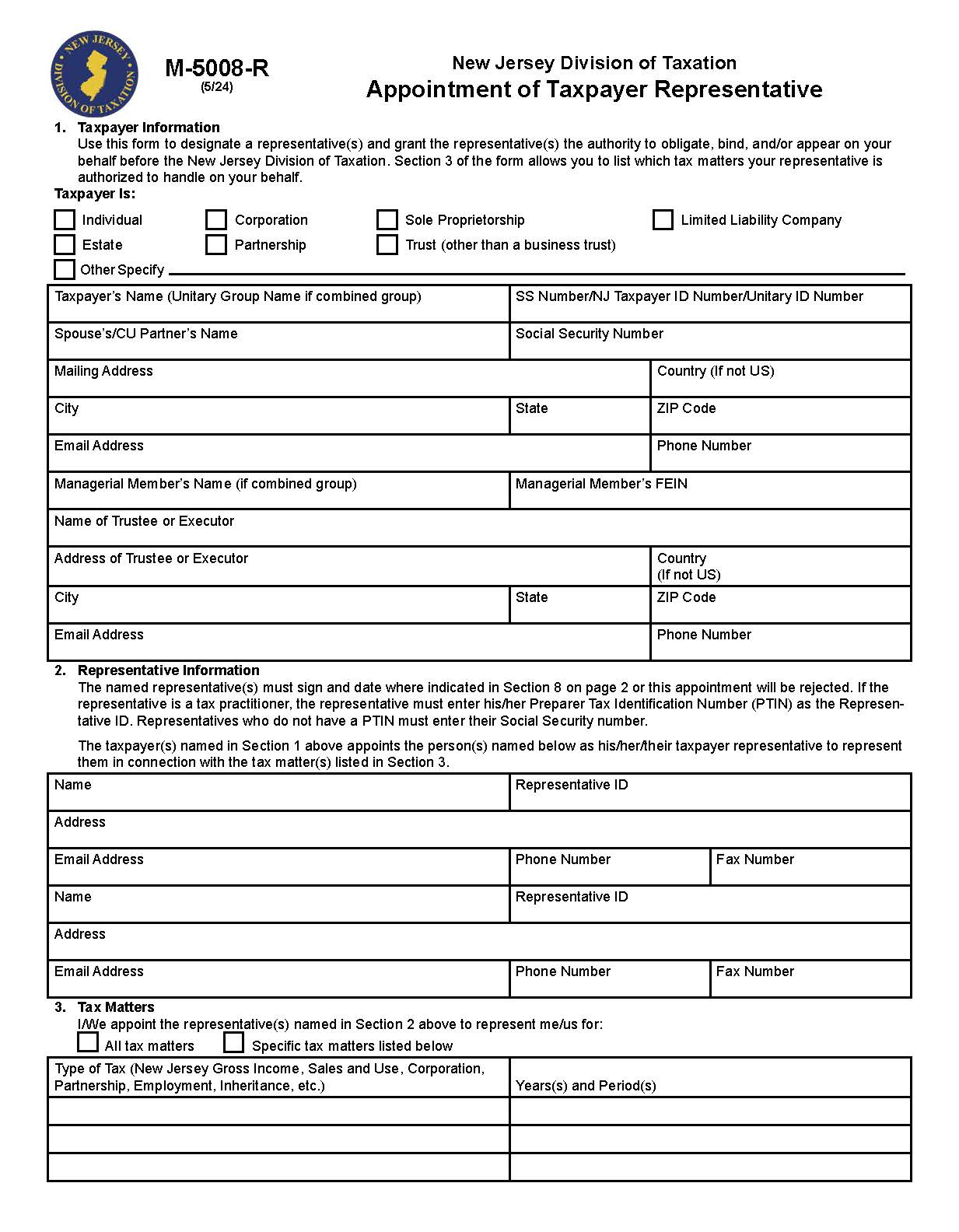 Appointment Of Taxpayer Representative {M-5008-R} | Pdf Fpdf Docx | New Jersey