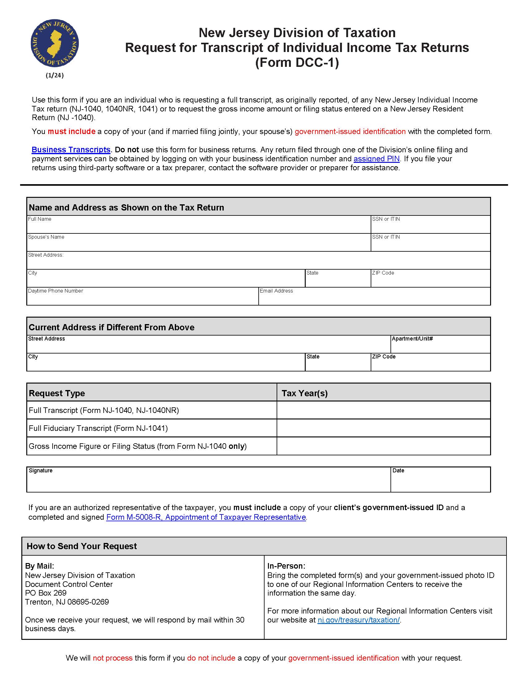Request For Transcript Of Individual Income Tax Returns {DCC-1} | Pdf Fpdf Docx | New Jersey