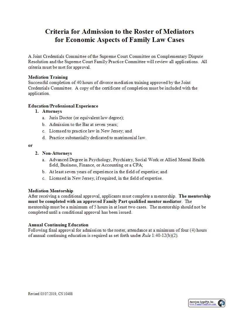 Application For Admission Roster Of Mediators Economic Aspects Family Law {10488} | Pdf Fpdf Docx | New Jersey