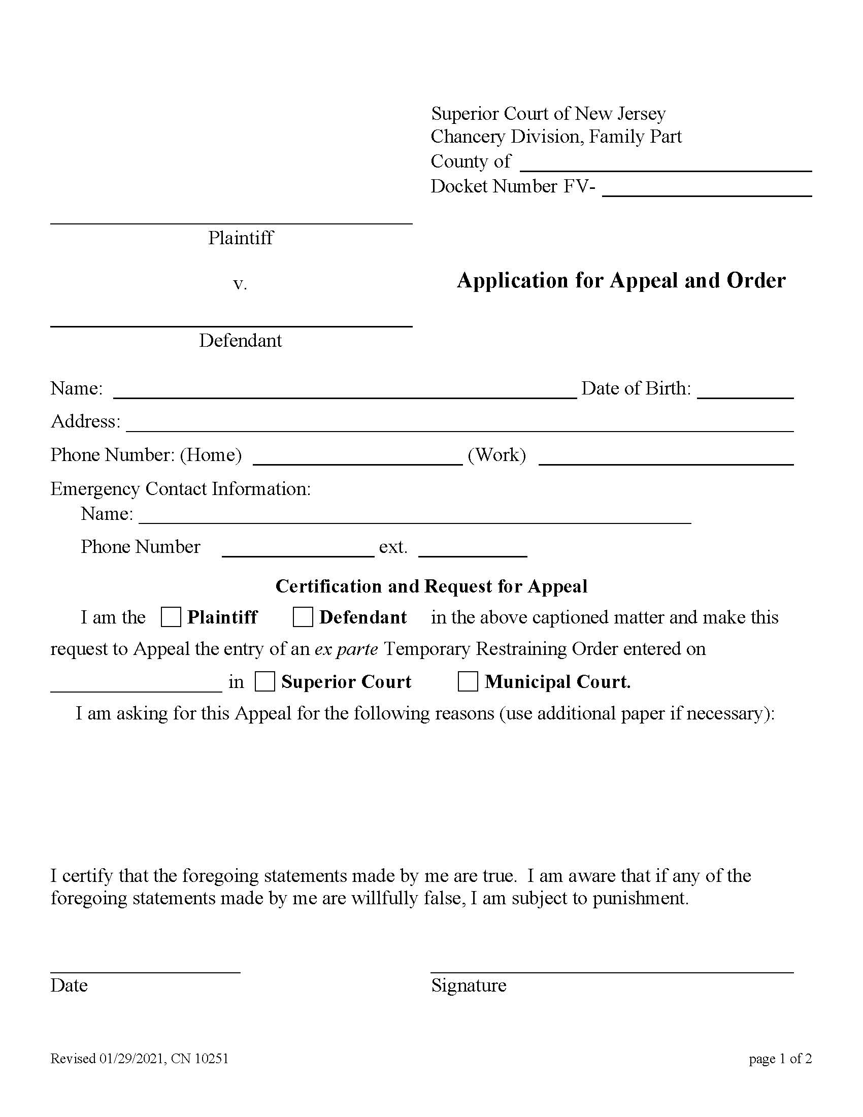 Application For Appeal And Order {10251} | Pdf Fpdf Docx | New Jersey