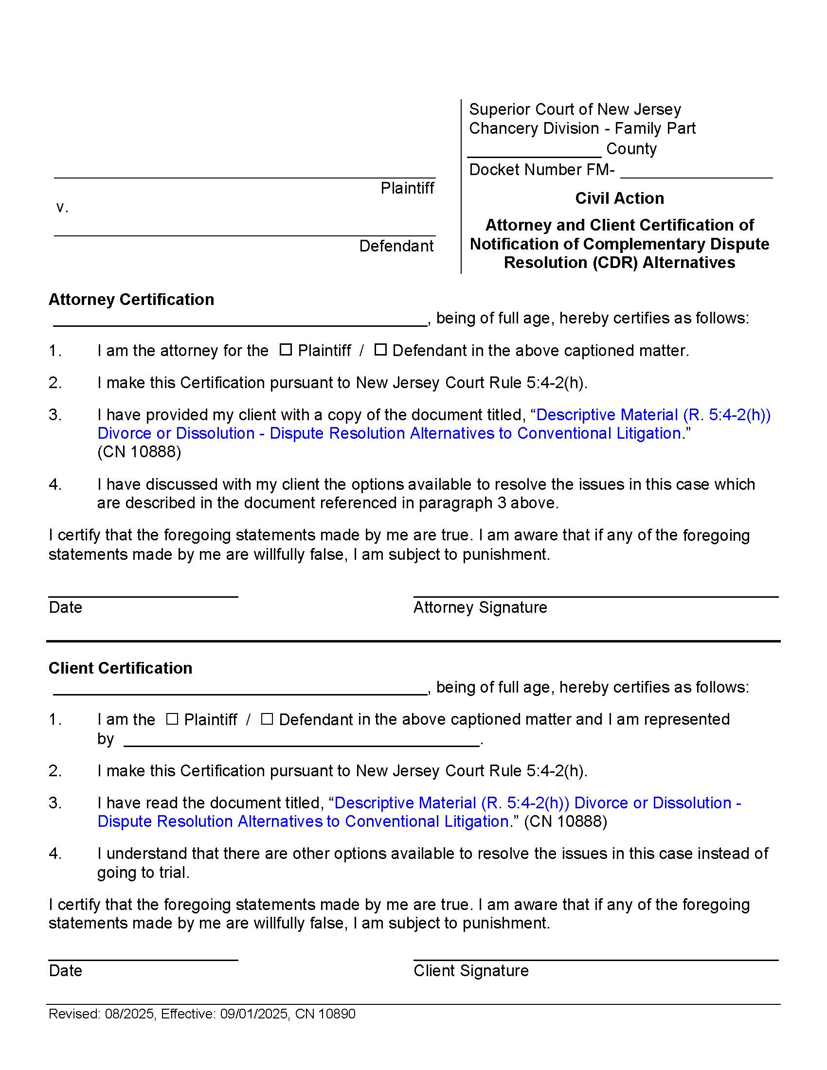 Certification By Attorney And Client (Appendix XXVII-A) {10890} | Pdf Fpdf Docx | New Jersey