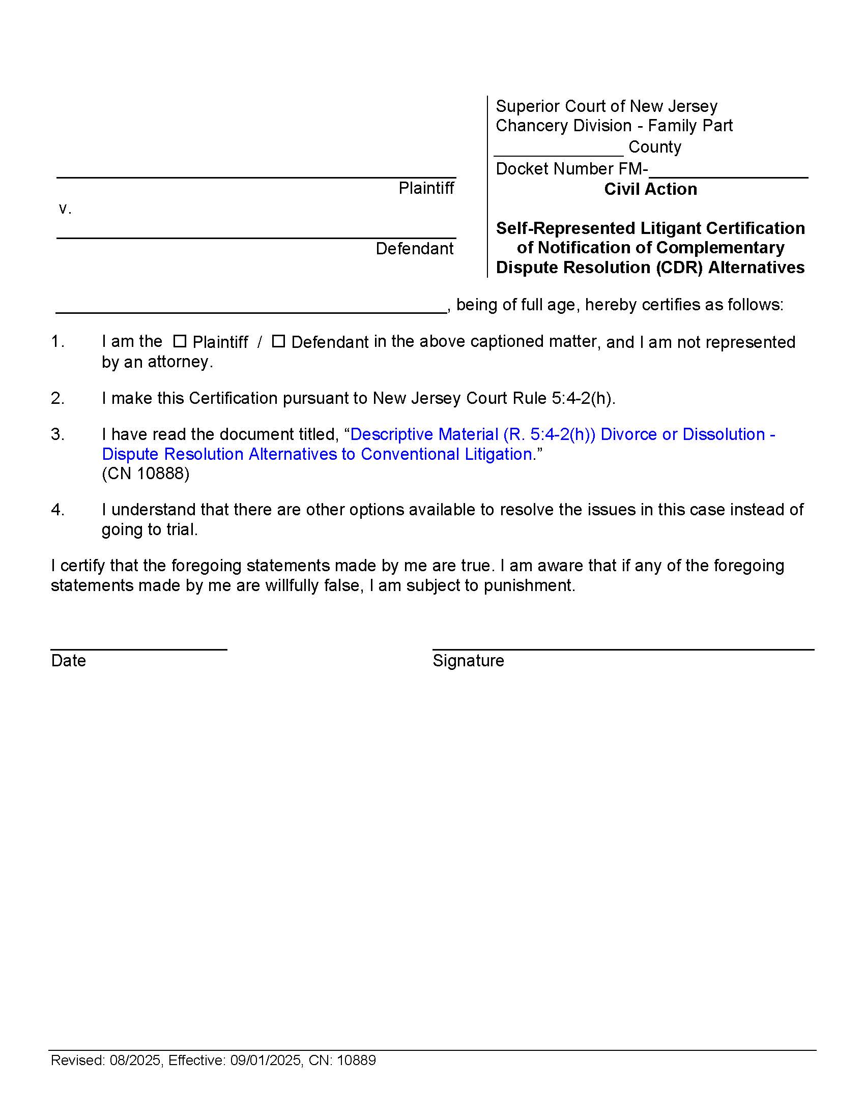 Certification By Self-Represented Litigant {10889} | Pdf Fpdf Doc Docx | New Jersey