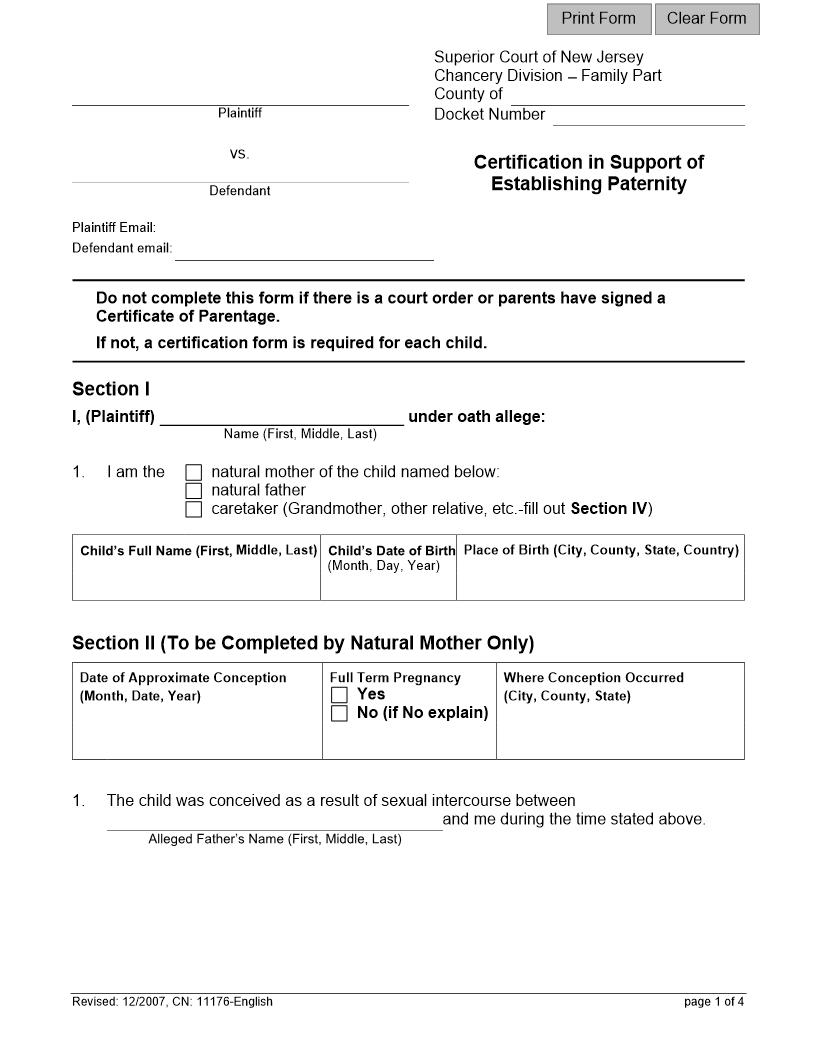 Certification In Support Of Establishing Paternity {11176} | Pdf Fpdf Docx | New Jersey