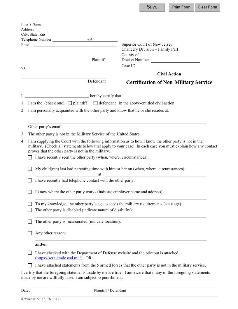 Civil Action Certification Of Non-Military Service {11191} | Pdf Fpdf Doc Docx | New Jersey