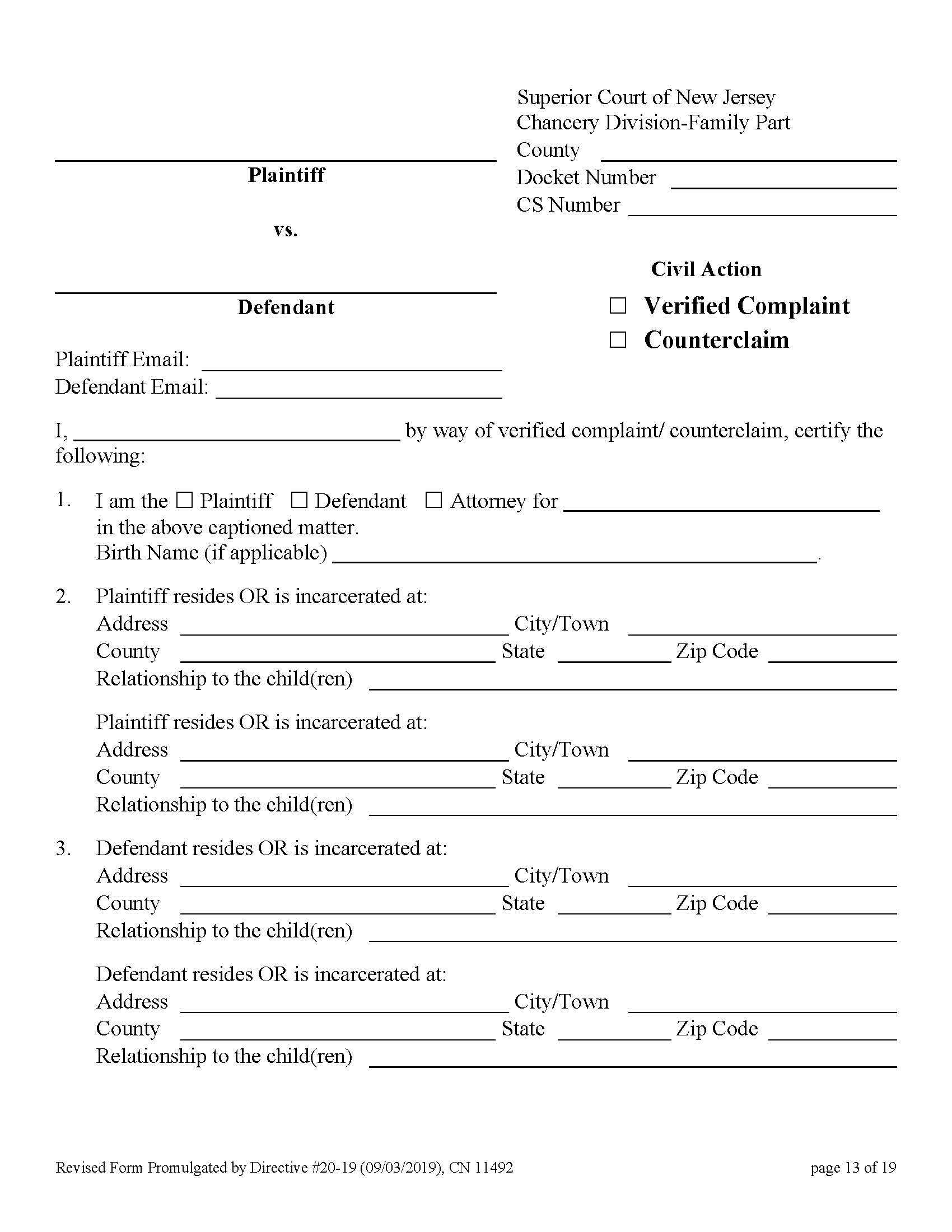 Complaint Or Counterclaim (Paternity-Child Suppport-Spousal Support-Custody) {11492} | Pdf Fpdf Doc Docx | New Jersey