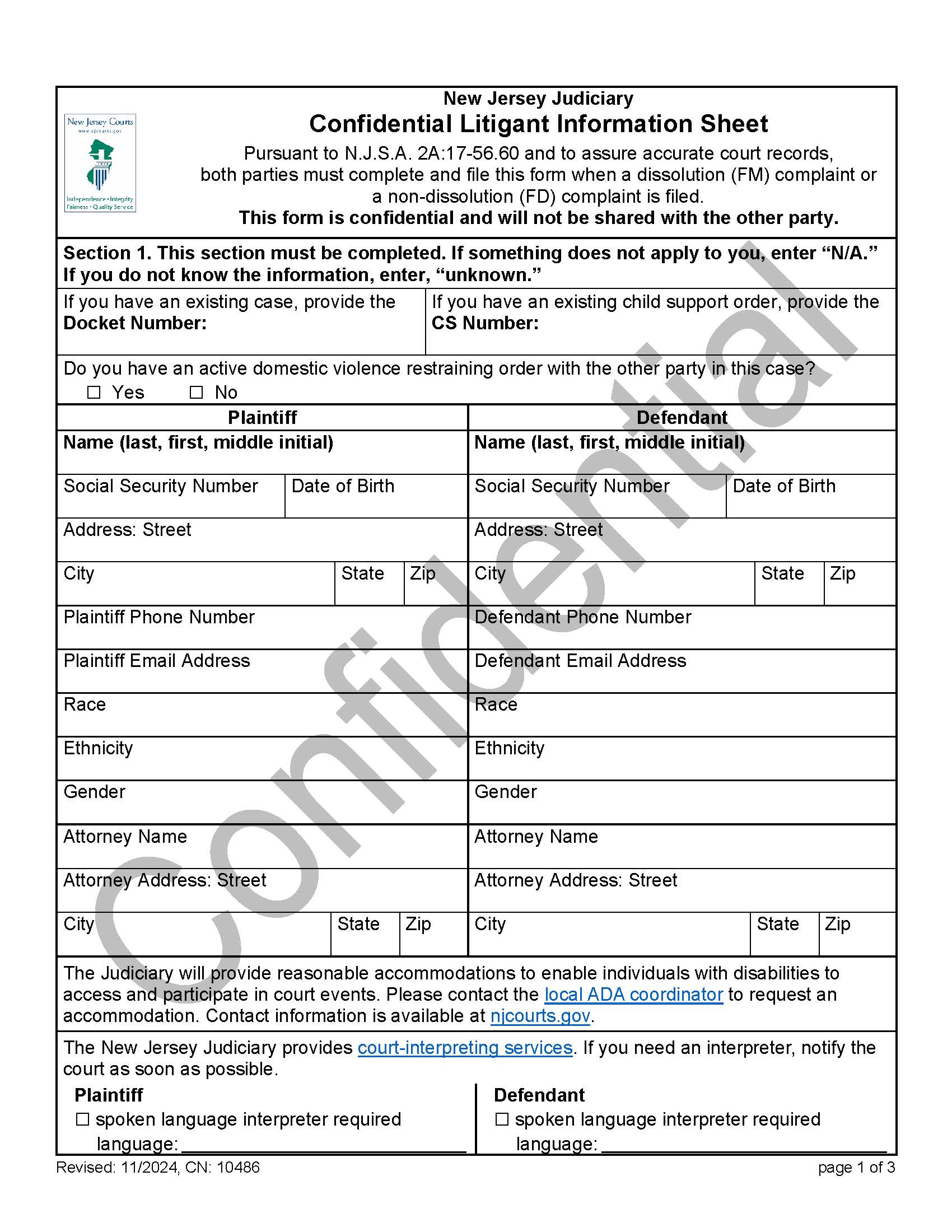 Confidential Litigant Information Sheet {10486} | Pdf Fpdf Doc Docx | New Jersey