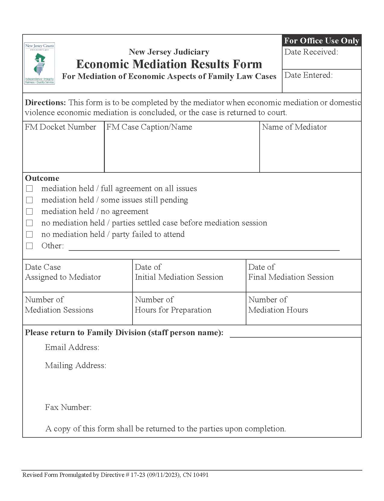 Economic Mediation Results Form (Family Law) {10491} | Pdf Fpdf Doc Docx | New Jersey