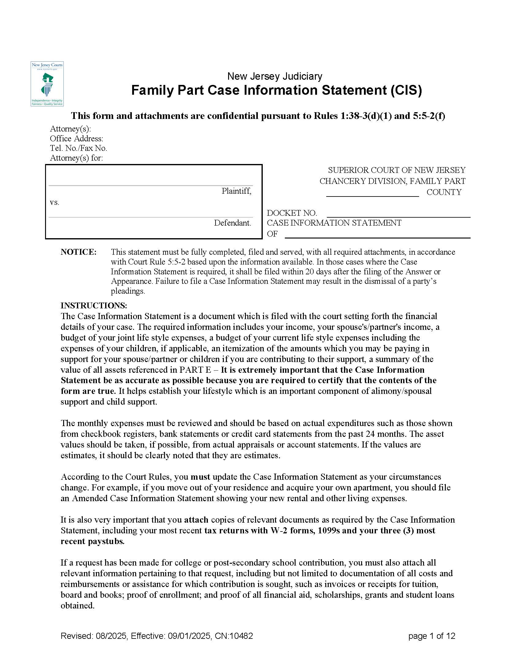 Family Part Case Information Statement {10482} | Pdf Fpdf Doc Docx | New Jersey