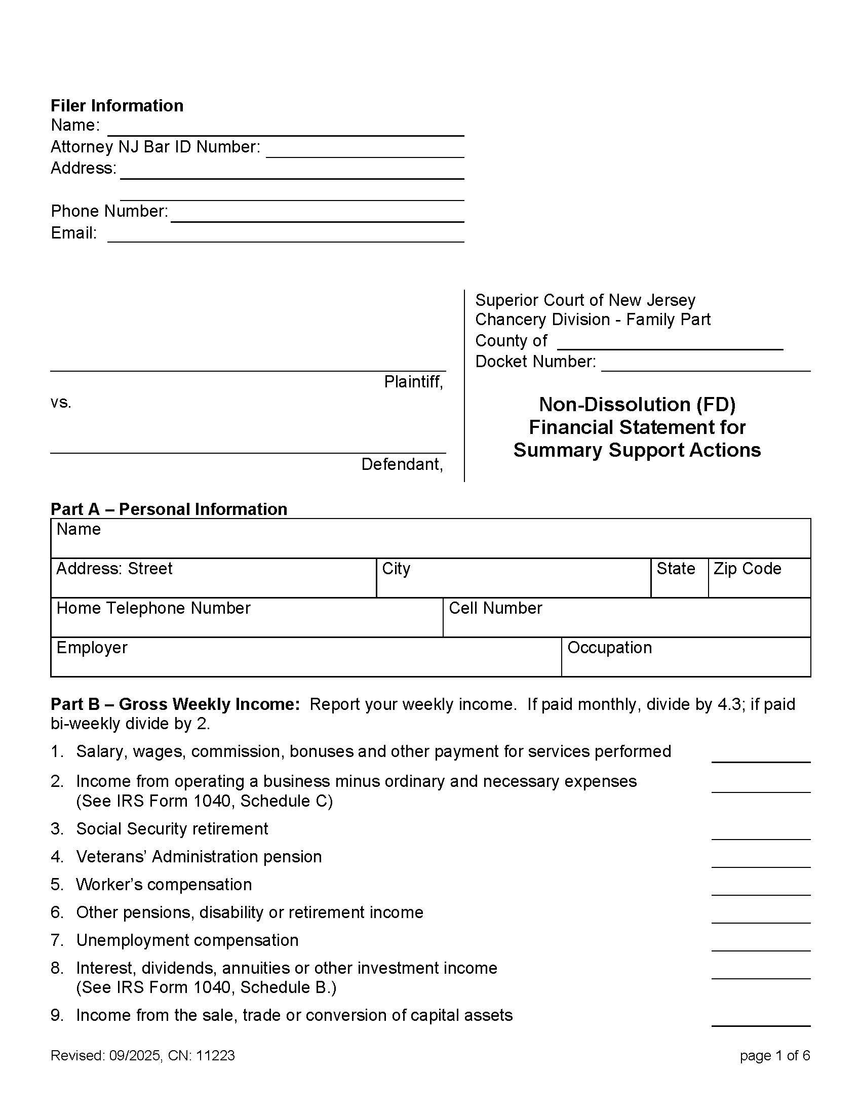 Financial Statement For Summary Support Actions {11223} | Pdf Fpdf Docx | New Jersey