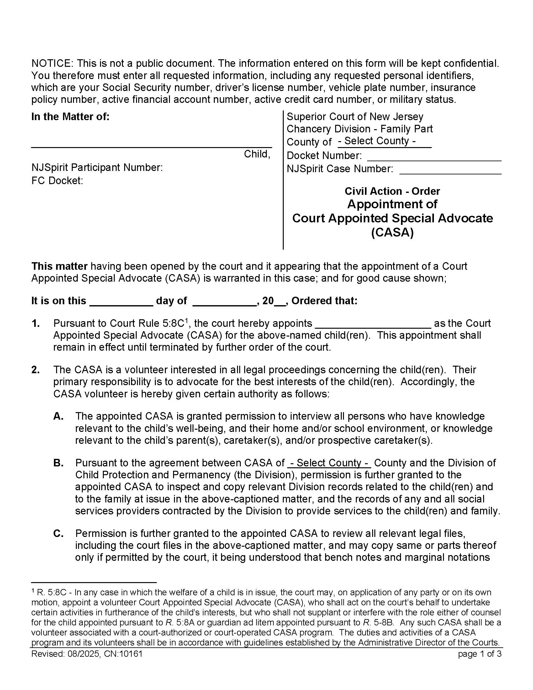 Order Appointment Of Court Appointed Special Advocate (CASA) {10161} | Pdf Fpdf Docx | New Jersey