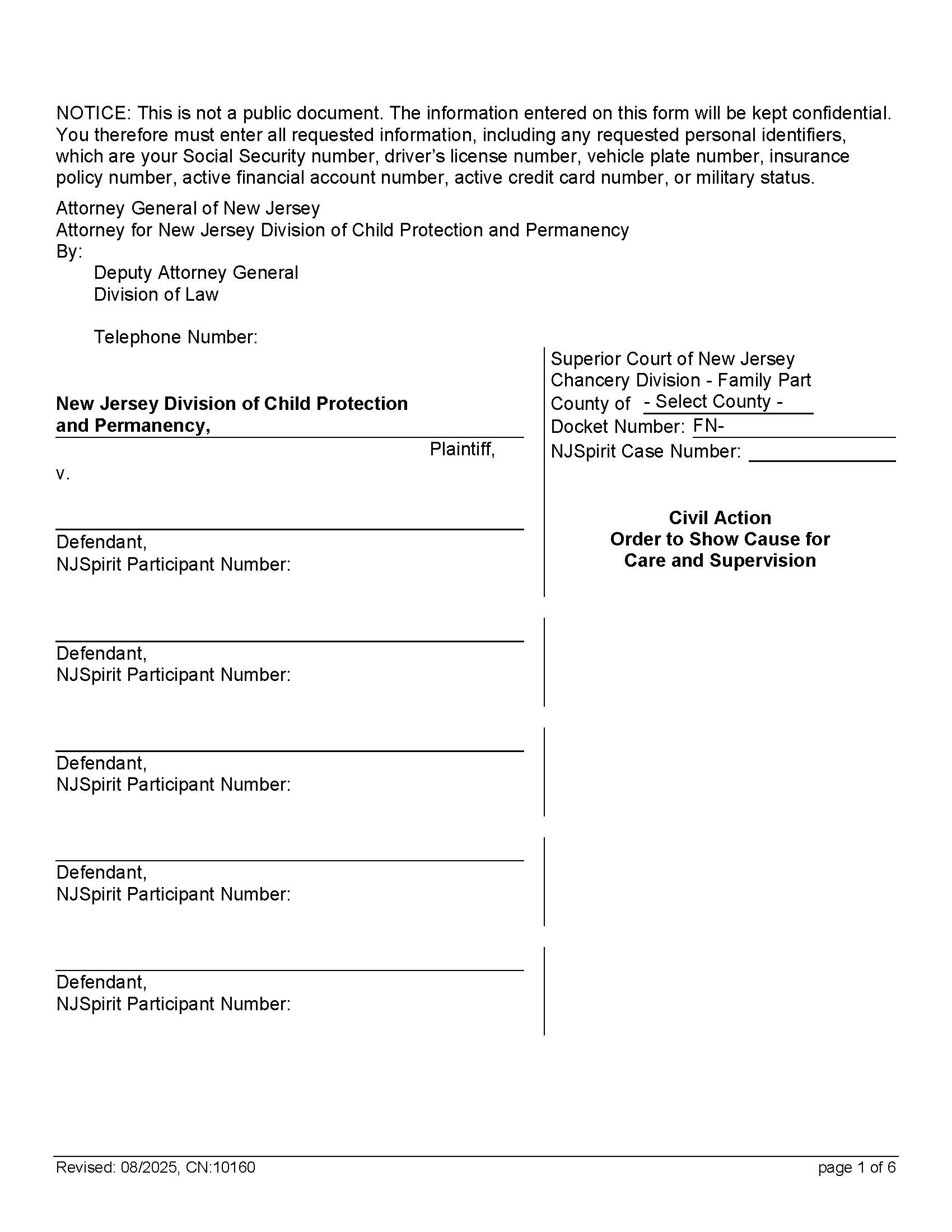 Order To Show Cause For Care And Supervision {10160} | Pdf Fpdf Docx | New Jersey