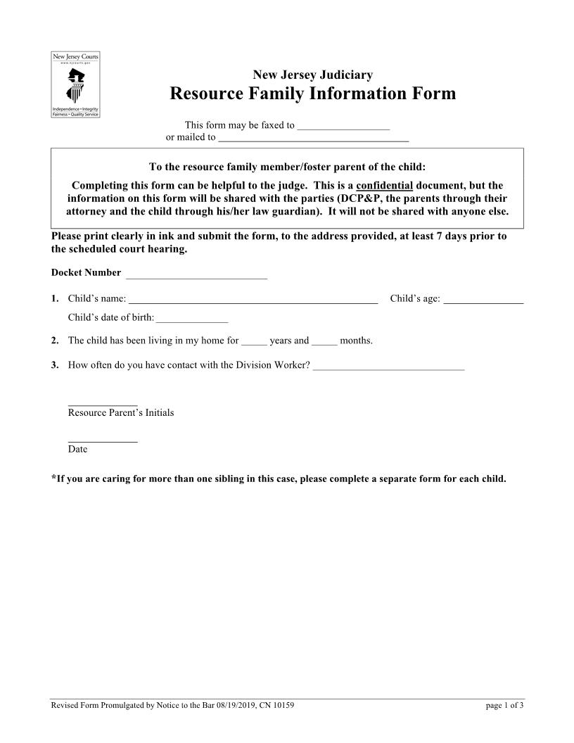 Resource Family Information Form {10159} | Pdf Fpdf Docx | New Jersey
