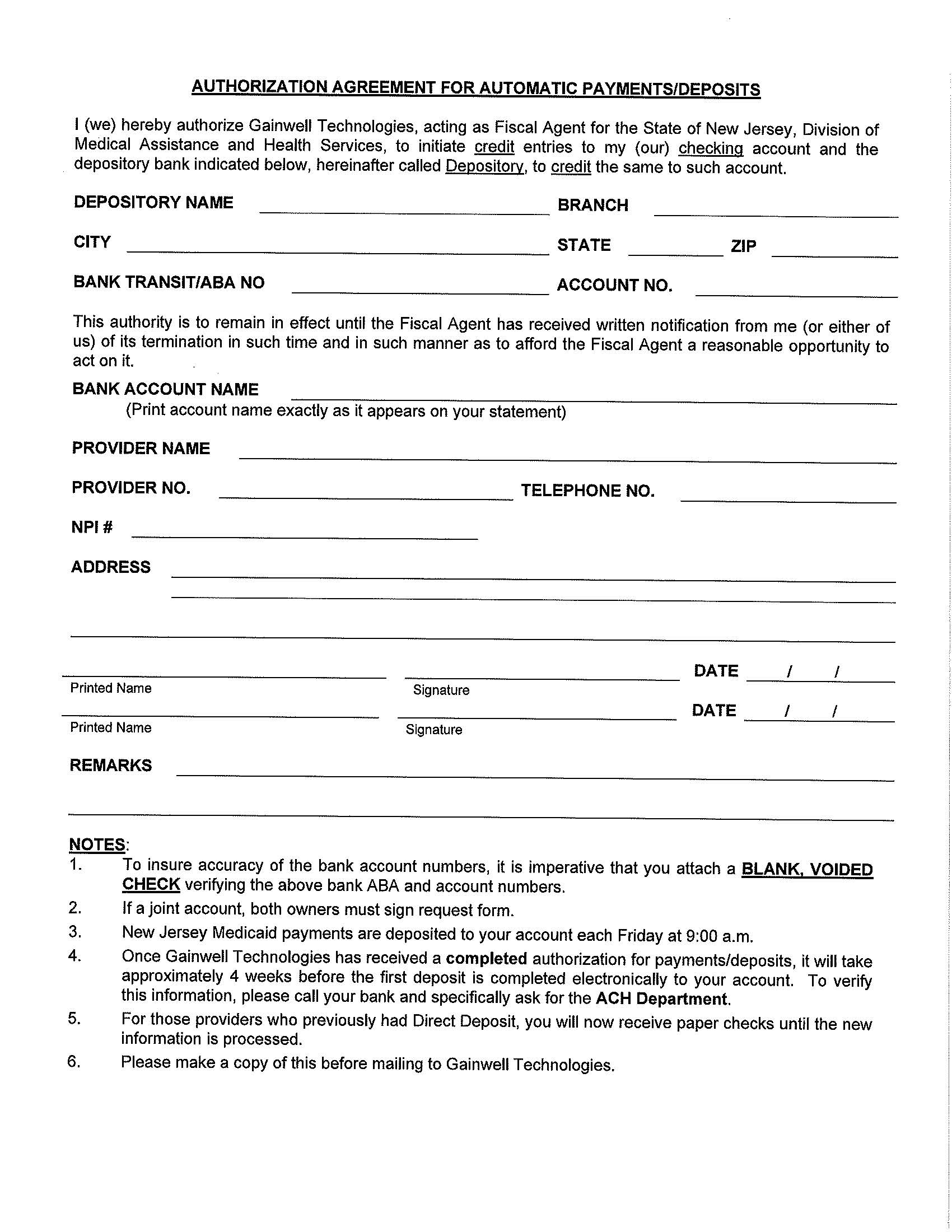 Authorization Agreement For Automatic Payments And Deposits | Pdf Fpdf Doc Docx | New Jersey