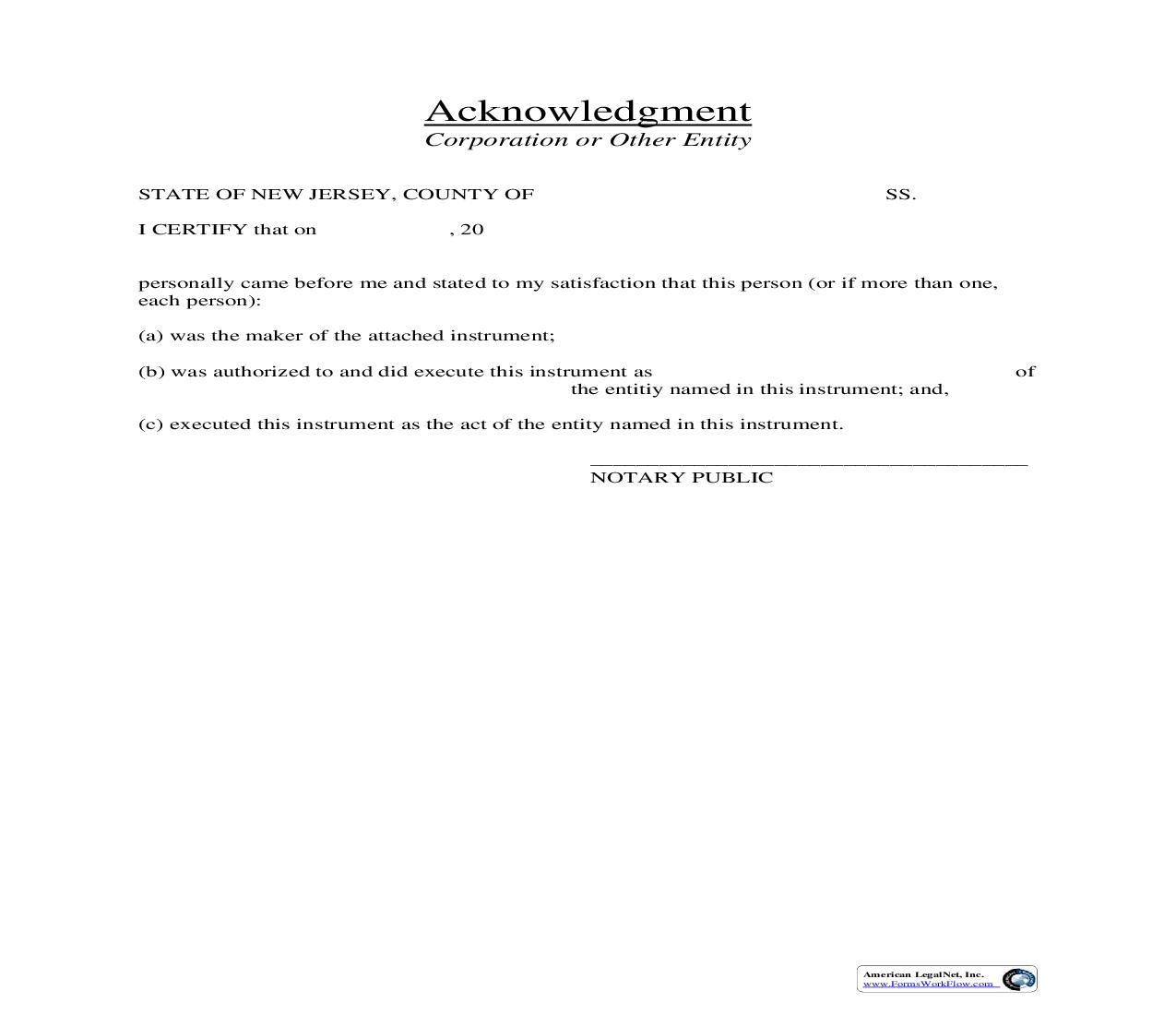 Acknowledgement - Corporation | Pdf Fpdf Doc Docx | New Jersey