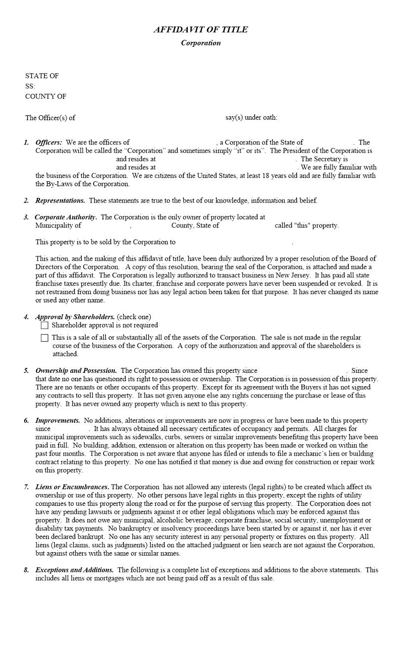 Affidavit Of Title (Corporation) | Pdf Fpdf Docx | New Jersey