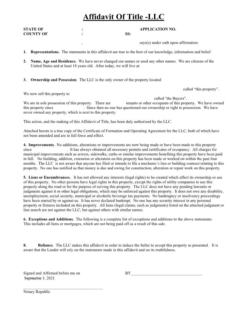 Affidavit Of Title (LLC) | Pdf Fpdf Docx | New Jersey